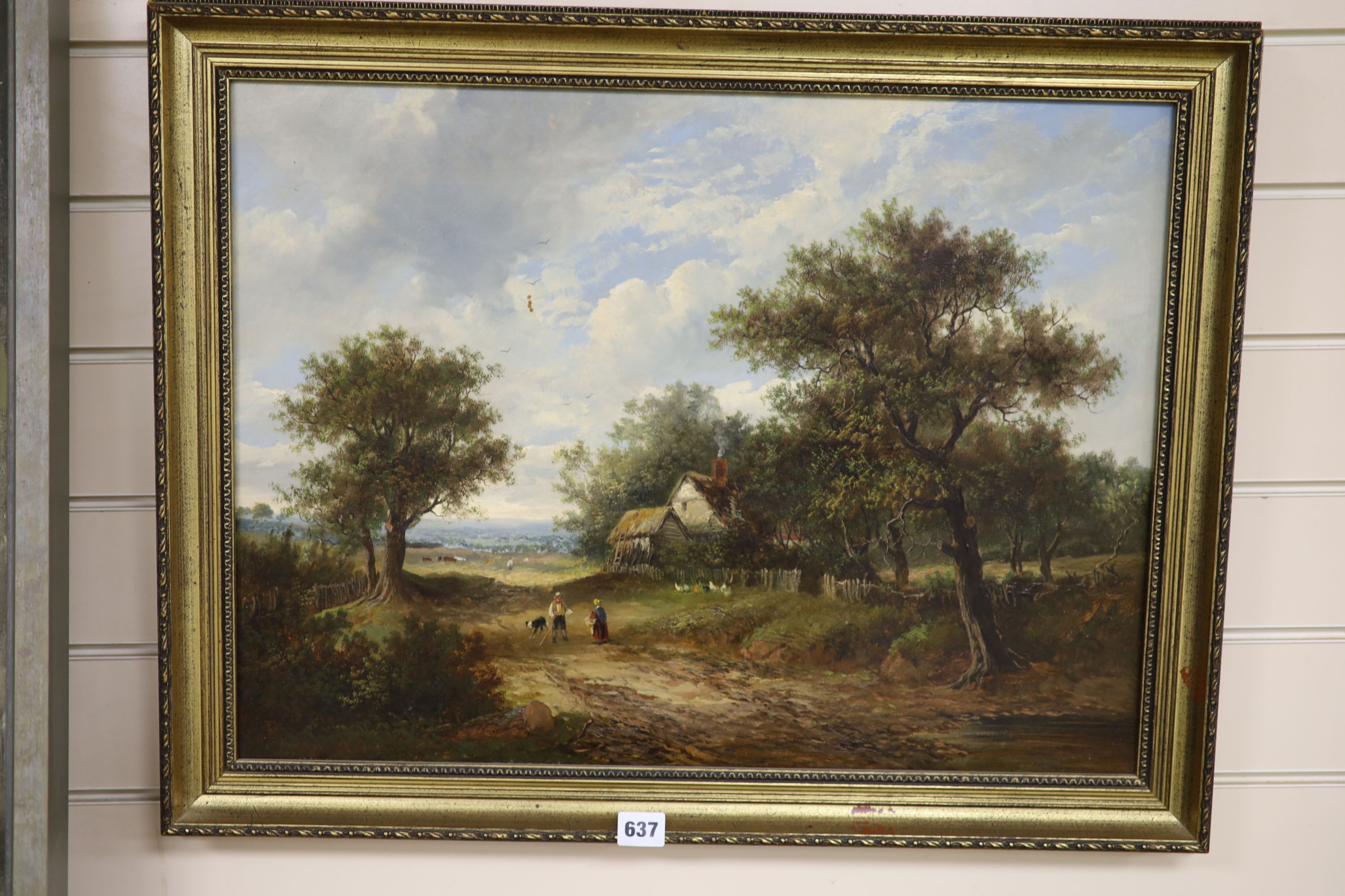 Attributed to Joseph Thors, oil on canvas, figures on a lane beside a farmhouse, signed, 45 x 60cm.